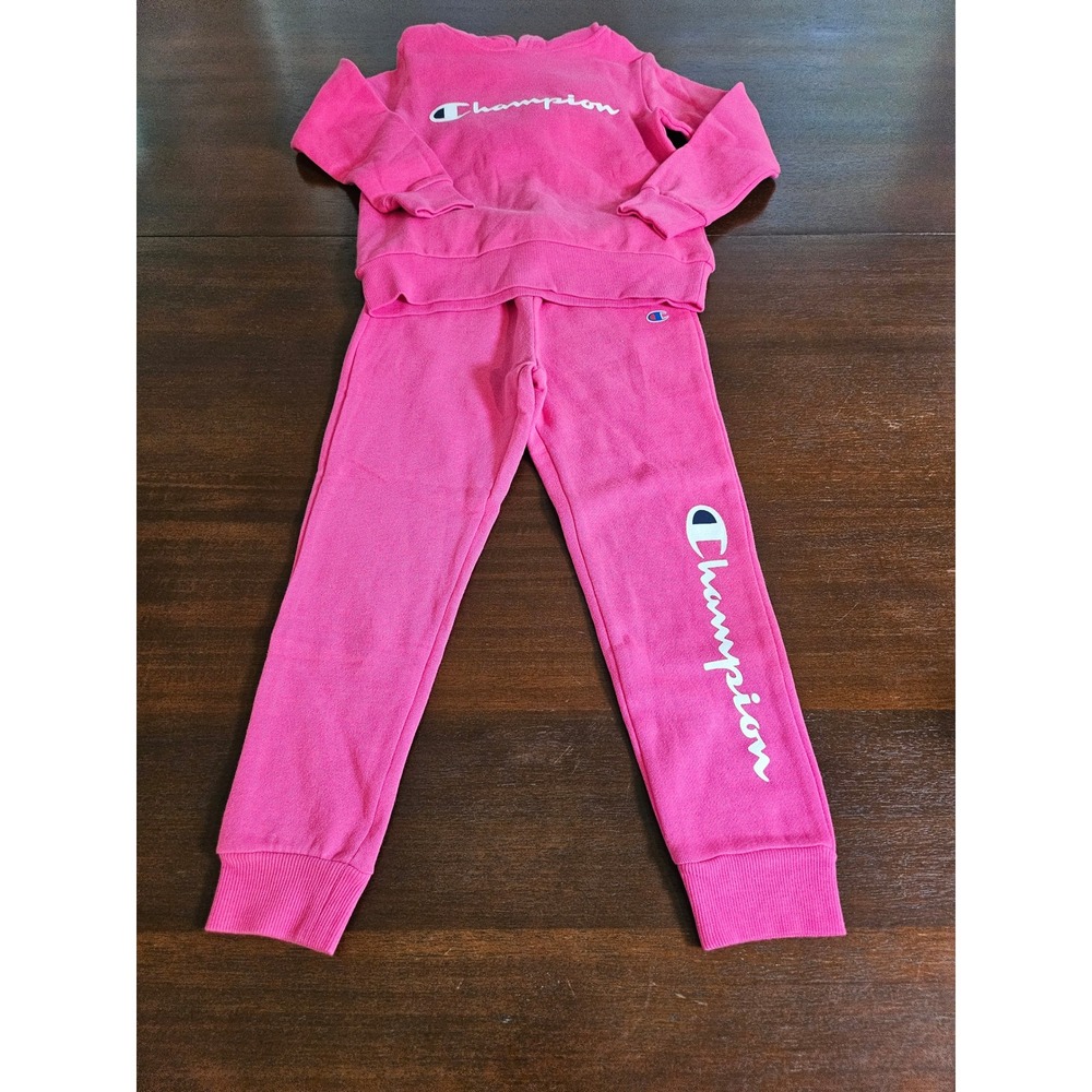 Champion Hoodie and Joggers Set Girls 5 Vivid Fuchsia Pink Fleece Logo CUL928